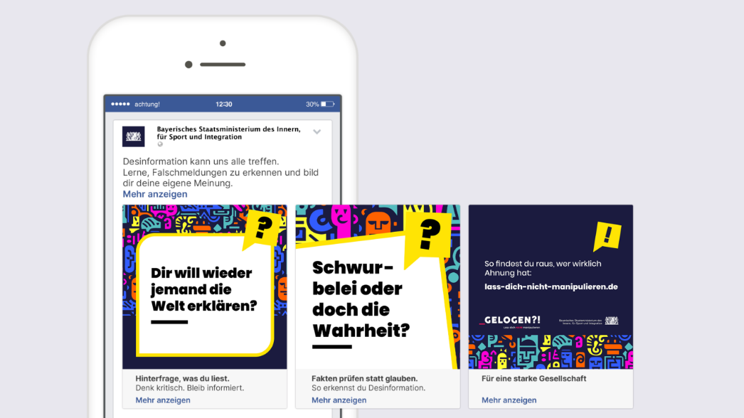 Webseite / Informationsportal / Digitalkampagne - Informationsportal gegen Desinformation Facebook-Karussell-Anzeige der GELOGEN?!-Kampagne mit drei Motiven und Sponsored-Post auf Smartphone